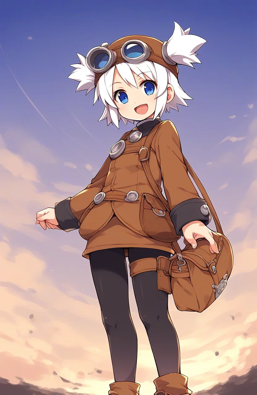 score_9, score_8_up, score_7_up, source_anime, rating_explicit, BREAK <lora:Pratty_XL:1> Pratty, blue eyes, short hair, goggles, white hair, short twintails, hair through headwear, brown headwear,
1girl, solo, pantyhose, full body, open mouth, smile, tachi-e, black pantyhose, long sleeves, bag, skirt, short twintails, looking at viewer, standing, blue eyes, thigh strap, :d
standing, cowboy_Shot
outdoor, sky,