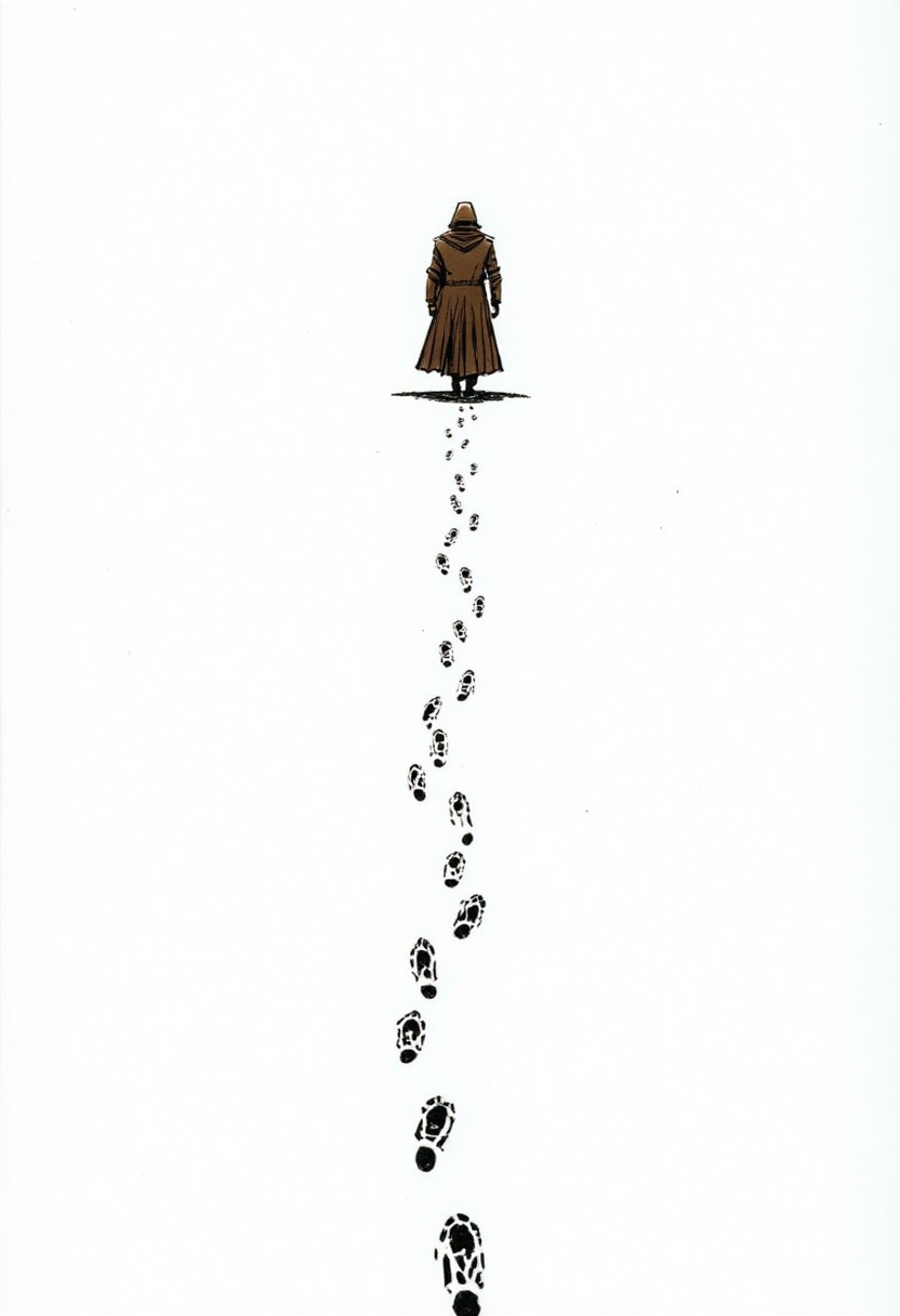 The image is a detailed, hand-drawn illustration rendered in black ink on white paper, giving it a monochromatic, almost sketch-like appearance. The scene depicts a solitary figure traversing a snowy landscape. The figure, dressed in a dark brown coat or cloak, is walking through a vast, undulating snowfield. The path the figure is following is marked by a trail of footprints that lead from the bottom of the image towards the top, indicating the direction of travel.
