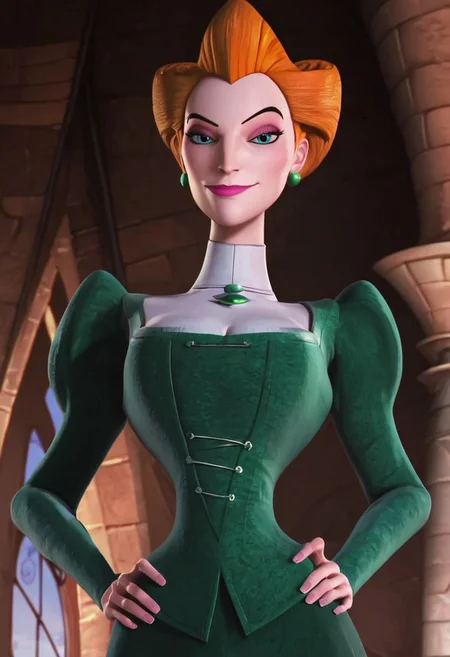 frieda (hna green dress), 1girl, redhead, orange hair, pompadour hair, makeup, makeup, lipstick, pink lips, blue eyes, jewelry, green earrings, thin body, choker, dress, green dress, white collar, score_8_up, score_7_up, BREAK, 1girl, solo, looking at viewer, cute, smirk, from below, hands on hips, head tilt, female focus, looking at viewer, castle background, detailed background, 4k, masterpiece, best quality, highly detailed, realistic, 3d,
Expressiveh