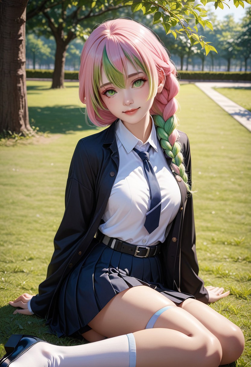 high-school girl, (mitsurikanroji, pink hair, multicolored hair, braid, green hair), smiling and gentle posing at park, wearing white long puff sleeves collared shirt with navy-blue tie, navy-blue tie pleated pencil long skirt, black belt with silver buckle, white socks ,black mary-jane shoes, white ribbons, BREAK, (1girl, solo, full body), (best quality,4k,8k,highres,masterpiece:1.2),ultra-detailed,(realistic,photo-realistic:1.37),extremely detailed eyes and face,longeyelashes,beautiful detailed lips,beautiful detailed eyes,cinematic lighting,moody lighting,dramatic shadows,vibrant colors