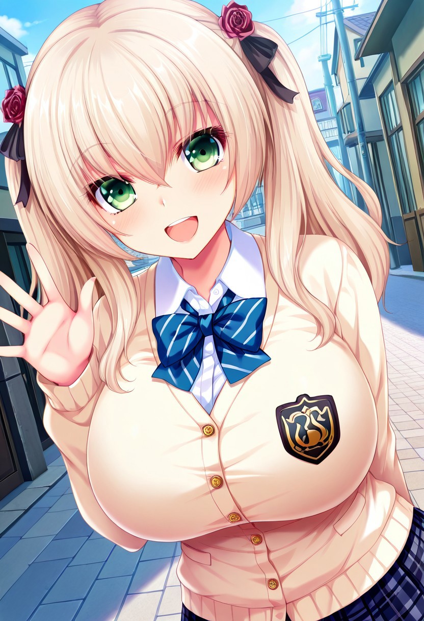 general,highres, ultra-detailed,very aesthetic,best quality ,best hands,best eyes,easynegative,
dynamic anglre, dutch angle, anime cloring,
1girl solo,looking at viewer,town,outdoors,smile,open mouth,waving hand,
Ui Torii,blonde_hair, long_hair, twintails, hair_ornament, green_eyes, huge_breasts,school uniform,