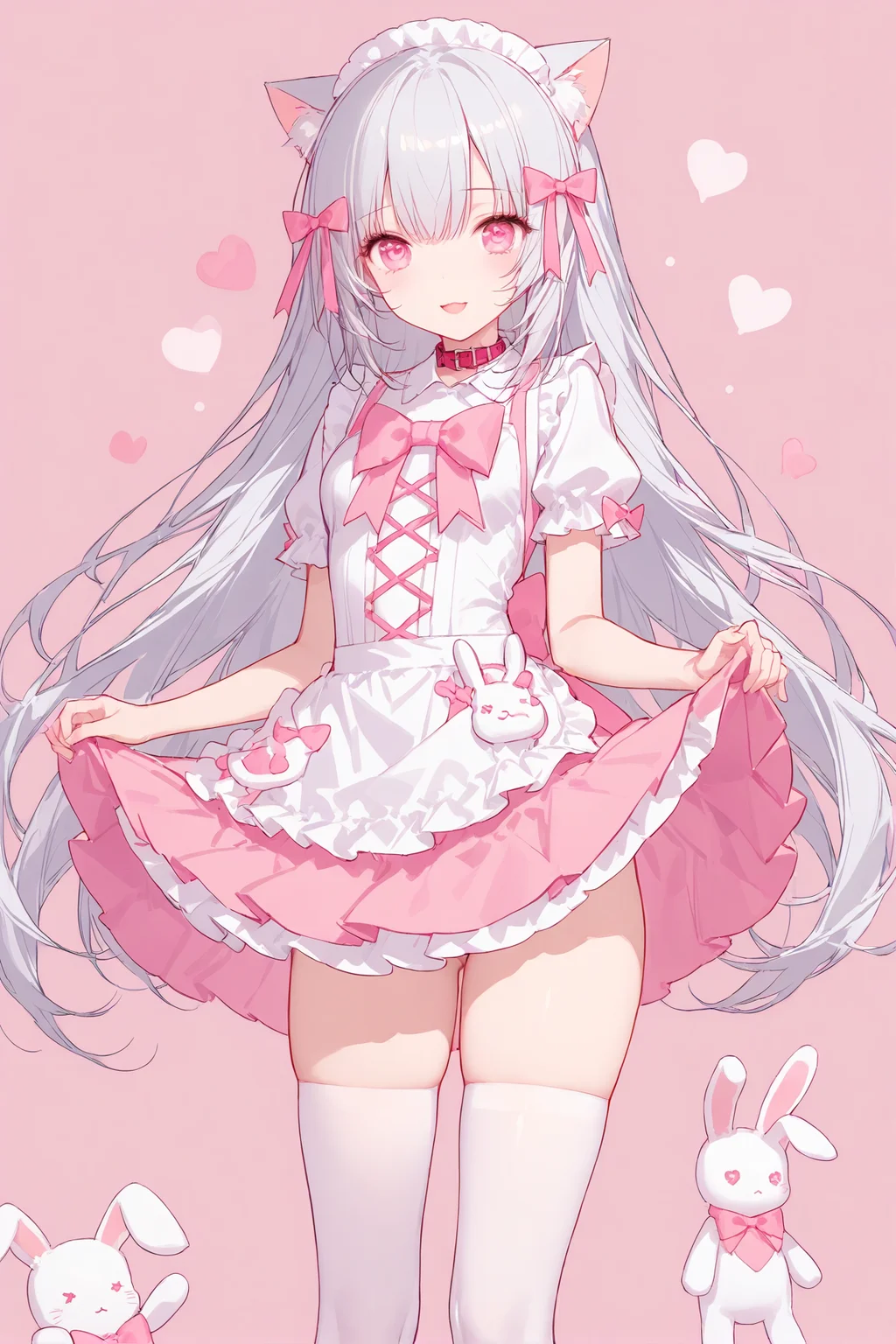 masterpiece, best quality, perfect features, (hitenkei, askzy:0.4), 1girl, solo,pink skirt,white skirt, thighhighs,dress, stuffed bunny, light smile, looking at viewer, smile, open mouth, hearts,simple background, apron lift, animal ears, collar, cat ears, animal ear fluff, pink eyes, heart,heart-shaped pupils, maid headdress, hair bow, <lora:Nyarutoru_xl:0.7>