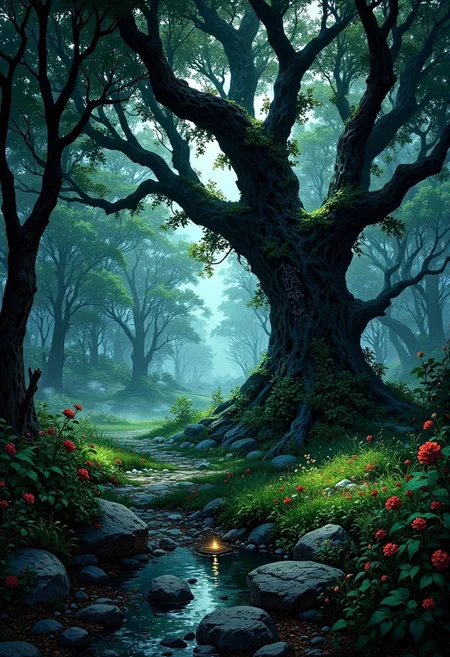 The Cursed Grove of the Fae King
Deep in a forgotten, mist-covered forest, lies a sacred Celtic grove, abandoned for centuries. The trees, twisted and gnarled, form an almost cathedral-like structure, their branches woven together like a ribcage around an ancient stone altar.
A single blackened oak tree, covered in runes that glow faintly under the moonlight, stands at the center. The air is filled with the sound of distant fae laughter, eerie and unsettling, as if the spirits of the forest still linger, unseen.
The forest floor is covered in crimson flowers and withered leaves, and in the distance, a shallow pool of black water reflects the moon, though its surface distorts and shifts unnaturally. Ancient Celtic torches, their flames an eerie green-blue, flicker along the path, lighting the way deeper into the grove.
Legends say the Fae King was cursed to sleep beneath the tree, awaiting the day when the veil between worlds will thin, and he will rise again. But beware—those who enter never leave unchanged.