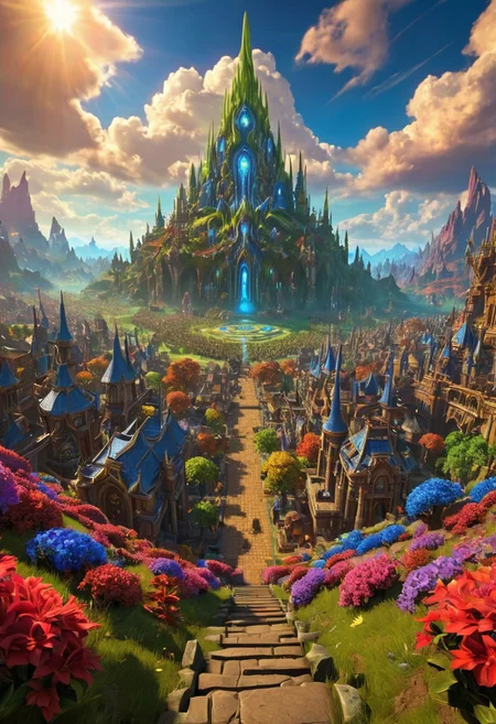 (masterpiece:1.5), unreal 8k wallpaper, unity 8k wallpaper, score 9, score 8 up, score 7 up, masterpiece_portrait, extreme quality, reflection, surface reflection, dynamic lighting, Cinematic style, cinematic quality, ((no humans, no people)), photorealistic, realistic, a spectrum of iridescent colors, precise, fractal design, flowing curves, precision, colorful, fractal geometry, harmonic interference, digital illustration, photo manipulation, altered realities, fantastical scenes, digital artistry, striking visuals, sharp focus, detailed background, light reflection, mythic, fantasy, A huge open valley in Warcraft, in the center of the valley is (massive Warcraft City), the (massive Warcraft City) has been here for a very long time, strange alien foliage has started to grow over it, when this (massive Warcraft City) was built no one knows it has long been forgotten, beautiful blue skies majestic clouds, strange alien trees dot the landscape, in the sky you can see a massive moons is all inspiring and a little frightening, the valley is also covered in beautiful multicolored flowers and multicolored trees, no life can be seen anywhere, 3D, metallic reflection, massive Warcraft City, the vast World of Warcraft,