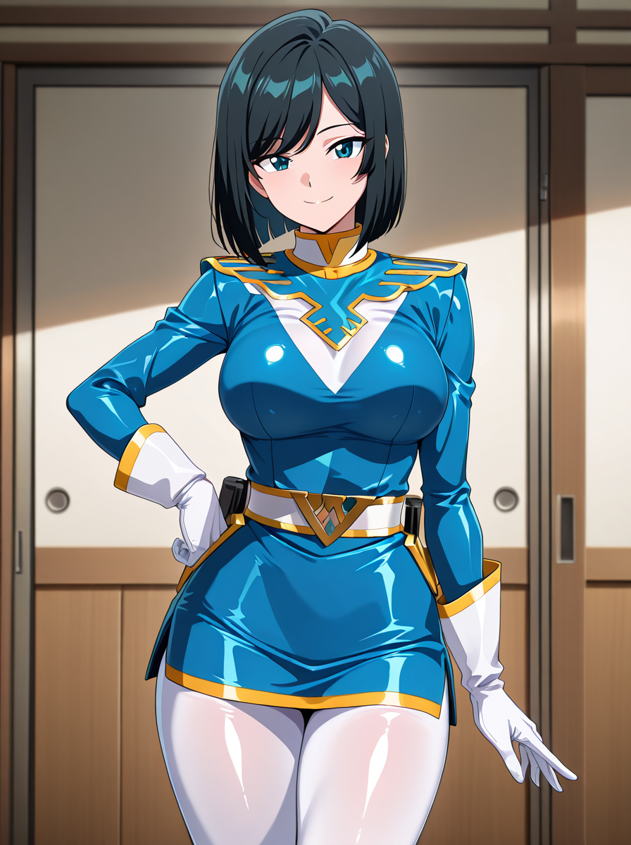 masterpiece, best quality, amazing quality, very aesthetic, absurdres, newest,shiny skin,  anime screenshot, ((anime coloring:1))  <lora:BlueSwallowIL:1>blueswallowil, , 1girl, turtleneck,  , gloves, female focus, , white gloves, , uniform ,white_pants, asian medium hair,  black_hair swept bangs, smile bodysuit miniskirt blue_skirt