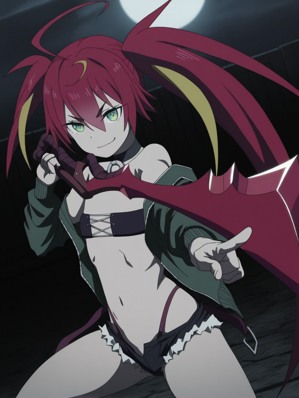 masterpiece, best quality, amazing quality, intricate detail, detailed, anime coloring, 
<lora:Misarisa_FullDive:1>, Mizarisa_LW, Full_dive_style, red hair, green eyes, twintails, long hair, multicolored hair, blonde hair, choker, ahoge,
1girl, solo, bare shoulders, green jacket, underwear, navel, thighs, 
holding, weapon, red sword, sword stance, smirk, v-shaped_eyebrows, night, dynamic pose, dutch angle, (holding_weapon, pointing_melee_weapon, pointing weapon at viewer, foreshortening), moonlight, perspective, looking at viewer,