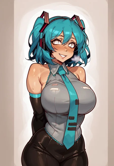 score_9, score_8_up, score_7_up, score_6_up, source_anime, rating_explicit, <lora:neg4all_bdsqlsz_V3.5:2.0>1girl, (solo:1.2), huge breasts, <lora:Lacey froLacey's gameponyxl:1> ((white eye color eyes)), dark circles, long eyelashes, deep blue hair, medium hair, bangs, two side up, blushing, wide hips, thick thighs, curvy, Narrow shoulders, sweat, heavy breathing, steaming body, room, indoor, looking at viewer, (dressed as Hatsune Miku), Miku cosplay, black miniskirt, standing, arched back,arching back, arms behind back, wide smile, happy expression.