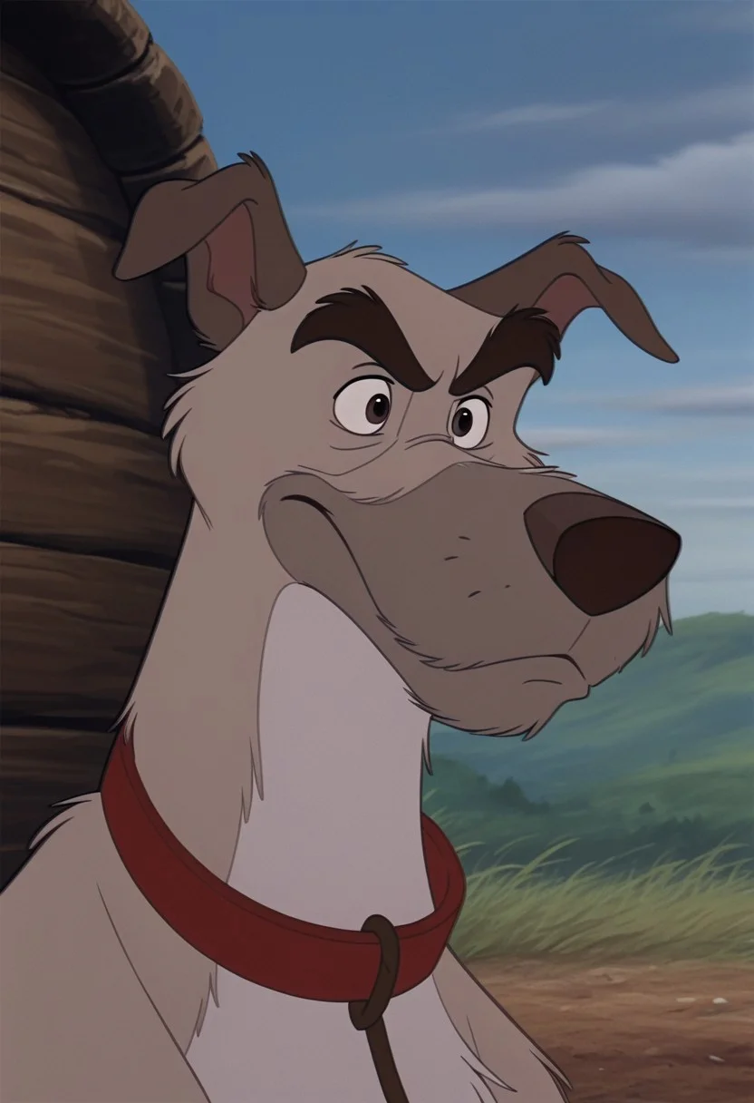 core_9, score_8_up, score_7_up, score_6_up, score_5_up, score_4_up, detailed background, detailed face, 1boy, solo, medium build, old dog, gray color, large, big eyebrows, cartoon, Disney style, dog, furry, 2d animation, Chief, Irish Wolfhound
