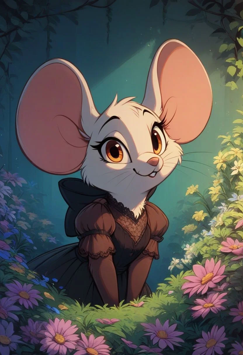 score_9, score_8_up, score_8, solo, (fluffy:0.8), (feral), furry, (((mouse))), female, claws, (fluffy cheeks:0.7), (dress), (solo:2), j_cartoon, cute, (portrait:2), flowers