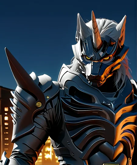 score_9_up,score_8_up,score_7_up,
<lora:Zen_Aku_(Power_Rangers_Wildforce)_(Pony)_(AD):1> Zen Aku, power rangers wildforce, evil, villain, demon, wolf, armor, wolf theme, single white horn on head, wolf themed helmet, wolf themed mask, yellow eyes, muscular, <lora:- SDXL - vanta-black_contrast_V3.0:0.8> <lora:add-detail-xl:0.8> <lora:Chiaroscuro Lighting Style:0.5> <lora:CinematicStyle_v1:0.35>
8K, spectacled light, In'ei, highly detailed, Masterpiece, best quality, beautiful details, crisp, chiaroscuro, internal subsurface reflections, depth of field, rim lighting,
8K,  scenery background, science fiction setting, ((dark background, night)), futuristic city, cityscape, artistic glowing light, dynamic perspective, official screenshot in the style and quality of Power Rangers, masterclass official Power Rangers artwork, absurdly detailed, photorealistic, destruction absolute, collapsed buildings, night, elite warrior, majestic, hulking badass awesome warrior,  absolute unit of a fighter, dominating, hyper powerful, powerful and mighty, overwhelming speed and reflexes, strength embodiment, power overwhelming, dynamic fighting pose, serious fighting expression, head tilted to look at viewer, upper body turned toward viewer, majestic and dashing dark hero, duke org, glowing hair, soft grey hair, dark grey fur, dark grey skin, flawless body, detailed kemono hair, perfect proportions, perfect hands, flawless armor, glistening black metal armor, intricately detailed armor, black latex underarmor bodysuit, 
BREAK zPDXL, zPDXLxxx, unaestheticXLv1, detailxl,