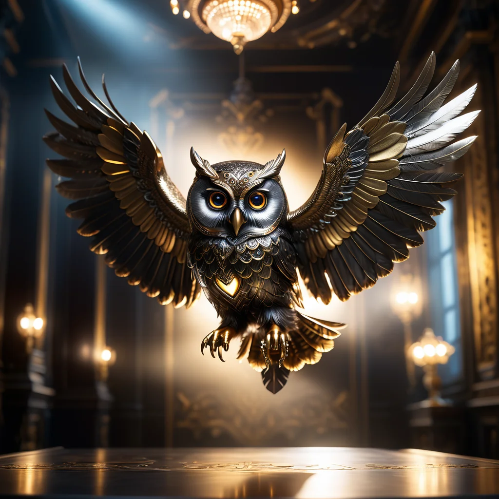steampunk owl, (flying at viewer:1.1), brightly glowing eyes, brass, silver, metallic feathers, dark ornate room,
hyperrealistic, 32k, (((masterpiece))), (((ultimate quality))), photorealistic, epic composition, film grain, bokeh, cinematic lighting,
<lora:add-detail-xl:1.1>
<lora:steampunk_xl_v2:0.4>
<lora:xl_more_art-full_v1:0.3>
<lora:zavy-cntrst-sdxl:0.4>