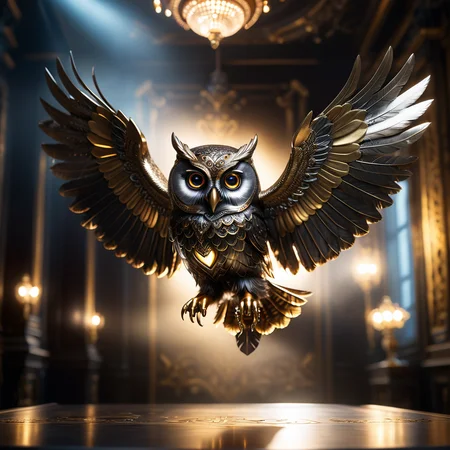 steampunk owl, (flying at viewer:1.1), brightly glowing eyes, brass, silver, metallic feathers, dark ornate room,
hyperrealistic, 32k, (((masterpiece))), (((ultimate quality))), photorealistic, epic composition, film grain, bokeh, cinematic lighting,
<lora:add-detail-xl:1.1>
<lora:steampunk_xl_v2:0.4>
<lora:xl_more_art-full_v1:0.3>
<lora:zavy-cntrst-sdxl:0.4>