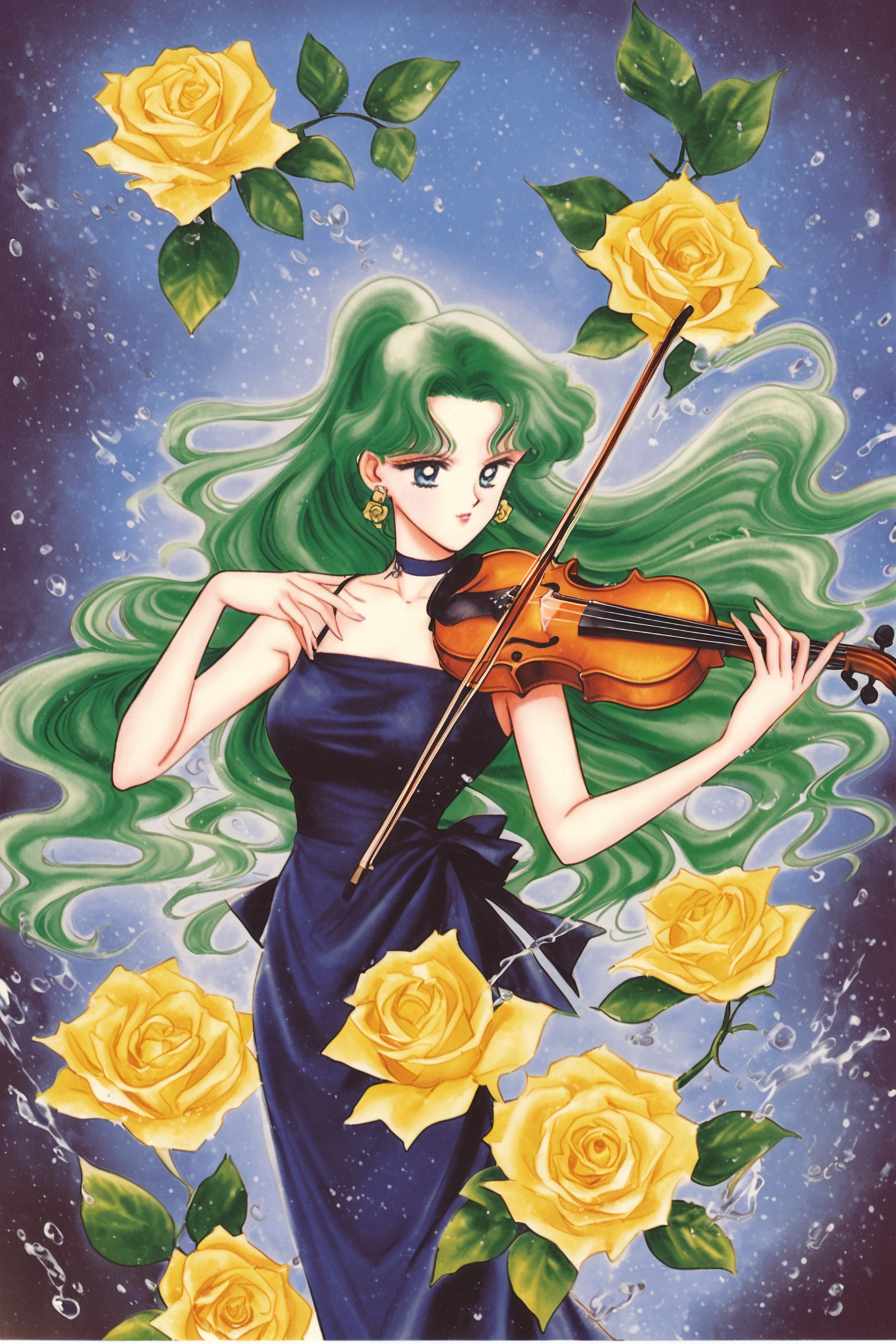 1girl,solo,kaiou michiru,instrument,flower,rose,long hair,retro artstyle,choker,water,jewelry,violin,green hair,aqua hair,1990s (style),holding,holding violin,earrings,music,yellow rose,dress,traditional media,
<lora:Takeuchi Naoko_XL:0.8>,