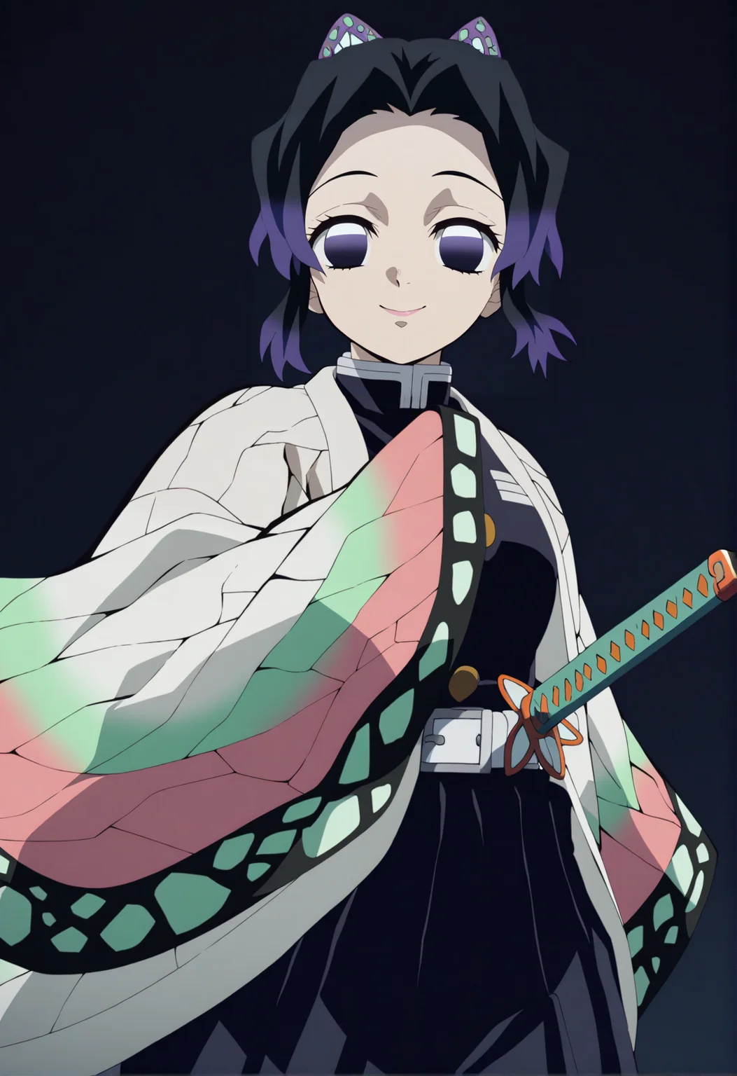 masterpiece best quality, KShinobuXLV4, 1girl, solo, smile, hair ornament, long sleeves, closed mouth, standing, jacket, weapon, holding katana, japanese clothes, belt, pants, sword, wide sleeves, uniform, black jacket, parted bangs, black pants, butterfly, sheath, sheathed, belt buckle, butterfly hair ornament, haori, white belt, demon slayer uniform, butterfly print, cowboy shot, simple background, black background, gradient background, <lora:KShinobuV4XL-SDXL-EP10:0.9>