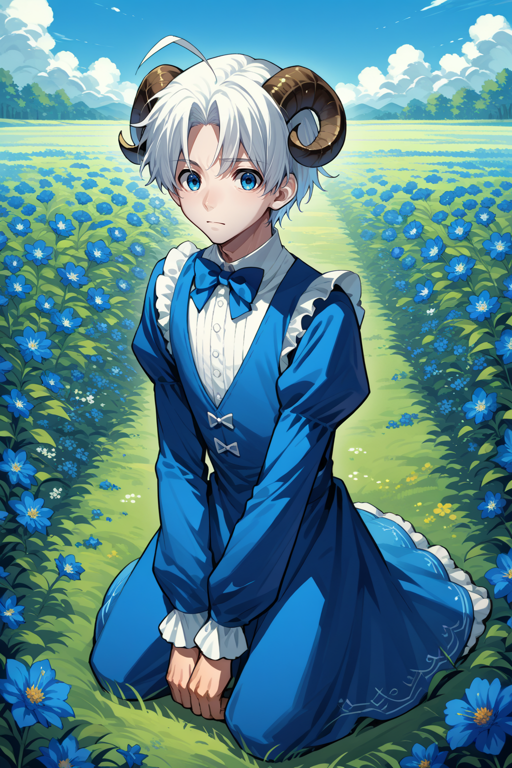 score_9,score_8_up,score_7_up, source_anime, solo, 1boy, <lora:NSHisaoKatawa:1> NSHisaoKatawa, blue eyes, white hair, short hair, ahoge, blue dress, sheep horns, flower field, blue flowers, kneeling, bowtie, frills, puffed sleeves