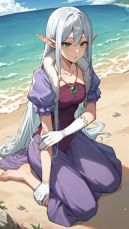 score_9,score_8_up,score_7_up,score_6_up, source_anime, zPDXL, <lora:xl_more_art-full_v1:0.5>, woman, dynamic pose, touching toes, <lora:Elmesia El-Ru Sarion - Pony-000004:0.8>, long hair, white hair, green eyes, pointy ears, elf ears, fur collar, white gloves, necklace, purple dress, puffy sleeves, beach, sand, ocean, summer, vacation,