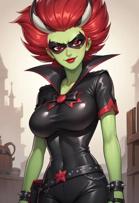score_9_up, score_8_up, score_7_up, score_6_up), (high quality), (high resolution), , BREAK, Portrait, upper body, sexy, curvy body, hourglass body, large breasts, slim waist, wide hips, looking at view, evil smirk,
Befana , red eyes, green skin female, red hair, red brushed back up hair with two stripes on each sides, red lipstick, black bodysuit, skin-tight, mask domino mask, black bow, red edges, short sleeves with jagged red edges stripes, large jagged red-tipped collar, black fingerless gloves, spiked black cuffs, two thin black belts around her hips, high-heeled boots, black gun with a dark gray horn-like barrel,
BREAK, score_9, score_8, score_7,