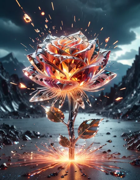 Award-winning photography of a beautiful, holding a lava rose in hand, exploding magic, hyper realistic, intricate details, colorful, sparkles, shining, ultra sharp, realism, lightning strikes, made of ral-crztlgls <lora:ral-crztlgls-sdxl:1> ral-crztlgls landscape background