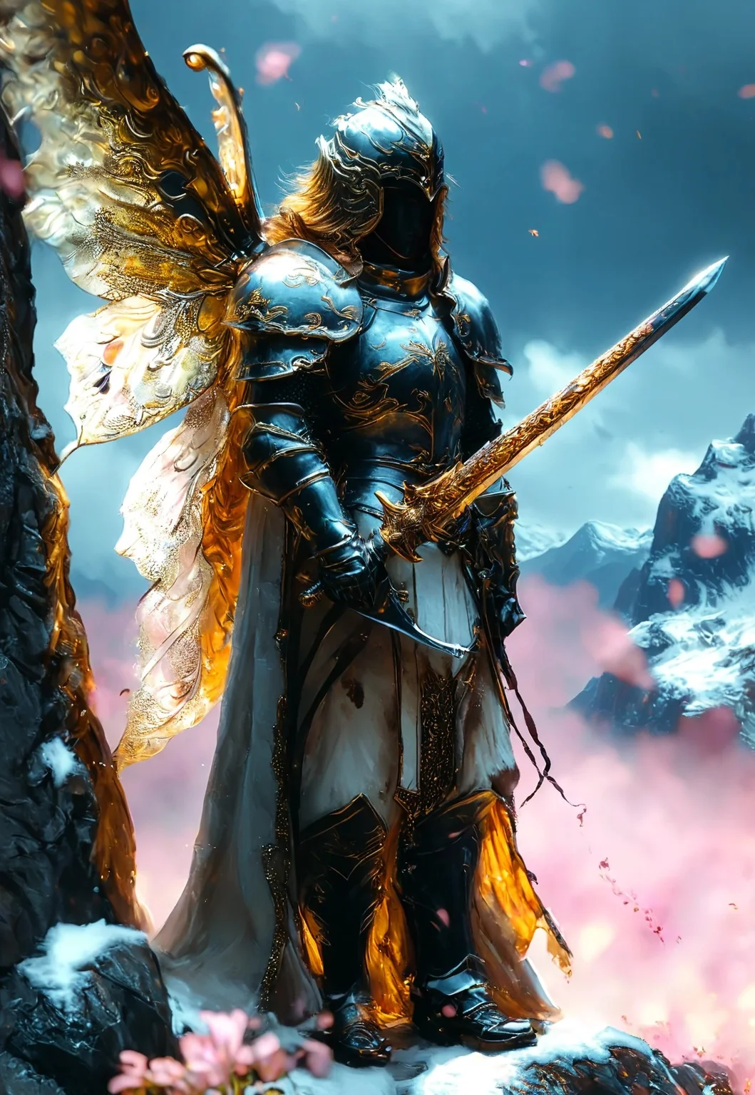 A dramatic, high-contrast scene, reminiscent of Hayao Miyazaki's style, with a mix of warm, golden lighting and cool, blue tones, set against a backdrop of snow-capped mountains and a cloudy, overcast sky. A knight, with a mix of dark brown and black medieval attire, stands on a rocky outcrop, facing away from the viewer, with a large, curved helmet and a flowing black cape with fur trim. The knight carries a sword at his side, with brown, sturdy boots. A holographic performer, a thick woman with long hair, a sparkling tiara, and a white bandeau with pink hues and butterfly prints, sits in the foreground, legs crossed, one hand on chin, and head slightly tilted, amidst a secret garden hidden in a mysterious maze. The performer's gaze meets the knight's, as a dark dragon with a menacing expression and wings extended swoops down towards them, adding a sense of tension and impending conflict. The scene is framed with a shallow depth of field, with the knight and performer in sharp focus, while the dragon and background are slightly blurred. The lighting setup features a combination of natural, soft pastel colors and warm, golden tones, with a subtle film grain and a color grading that emphasizes the cool tones of the sky and the warm tones of the characters.