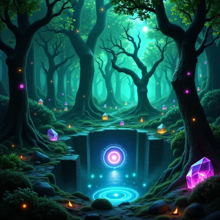 M1CR0CUB3D, aidmafluxpro1.1, A cubed forest with overgrown ruins and hovering crystal shards embedded in trees. Arcane light pulses from glyph-covered roots, converging into an underground leyline chamber with glowing rings. Style: ancient magical realism, twilight tones, colored rim lighting with green and violet flares.