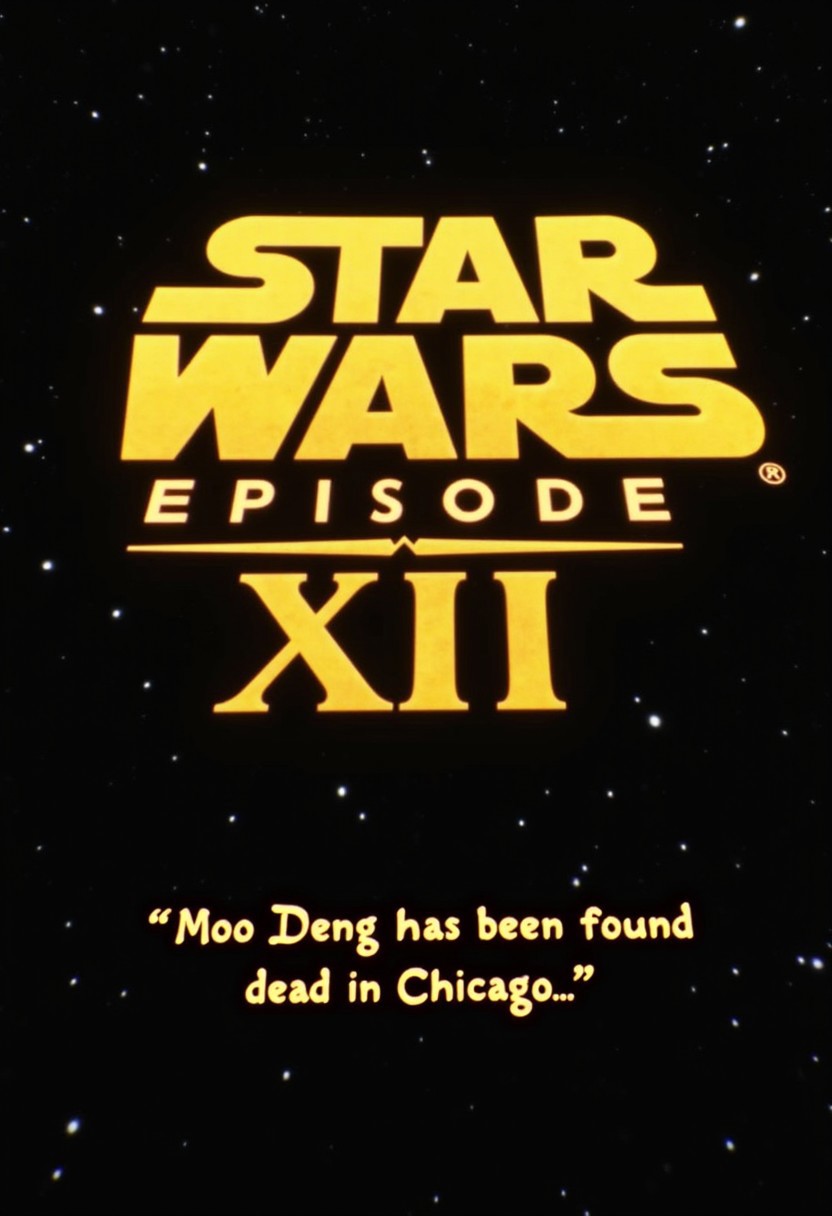 Cascading 3D Yellow Star Wars intro text reading "STAR WARS EPISODE XII" as the title. Then text below spells out - "Moo Deng has been found dead in Chicago..." 8k,