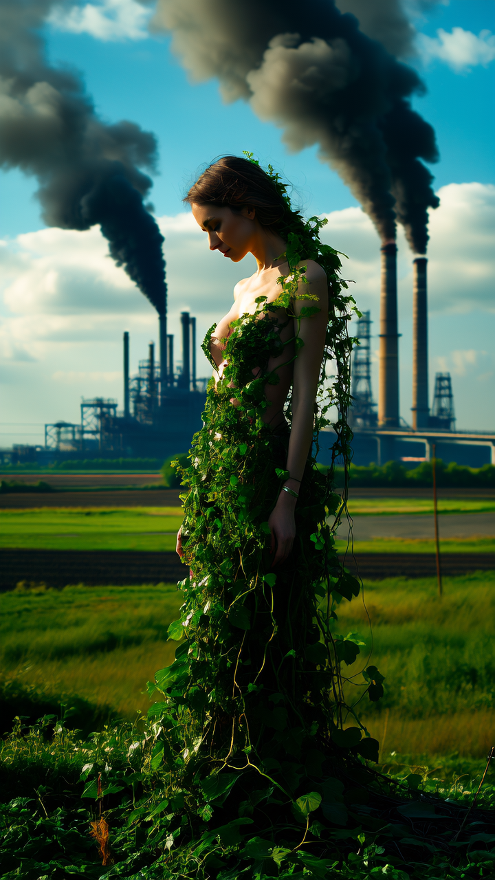 The image is a surreal and artistic depiction of a steampunk scene that juxtaposes natural and industrial elements. In the foreground, there is a woman with her body covered in green vines and leaves growing from the ground she stands on. She is looking down and sad. The vines appear to be alive, wrapping around her body and extending outward, creating a striking contrast between her organic form and the surrounding environment. The background features a large industrial facility with multiple tall smokestacks emitting thick, dark smoke into the sky. The sky is partly cloudy, with patches of blue peeking through the clouds, adding a sense of depth and atmosphere to the scene. The ground is a mix of grassy fields and industrial structures, including a bridge and some utility poles. The overall color palette of the image is a blend of greens and browns, with the industrial elements adding darker, more muted tones. The image evokes a sense of tension and contrast between nature and industry, highlighting the environmental impact of industrialization and the beauty of natural forms. 