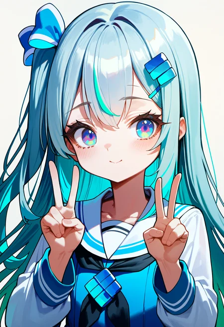 score_9, source_anime, score_8_up, score_7_up,simple background,white background,<lora:madobev1-000040:0.75> madobev1,portrait,upper body,v sign,pale cyan hair,multicolored eyes, one side up,serafuku, hair ornament, hair bow,black neckerchief,