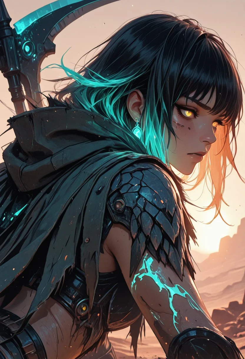 (masterpiece), (best quality), (8k), 1girl, cinematic lighting, dynamic action pose, mid-motion, desert setting, glowing heat haze, sun rays cutting through sand dust, monster scale armor, intricate textures, two-tone hair flowing in wind, intense expression, axe mid-swing, muscular build, determined face, cloak flaring behind, ambient particles in air, golden hour glow, cracked sandstone terrain, tribal hunter aesthetic, mid-leap or mid-charge, motion blur on background, focused eyes,
Close up, closeup,