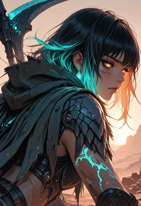 (masterpiece), (best quality), (8k), 1girl, cinematic lighting, dynamic action pose, mid-motion, desert setting, glowing heat haze, sun rays cutting through sand dust, monster scale armor, intricate textures, two-tone hair flowing in wind, intense expression, axe mid-swing, muscular build, determined face, cloak flaring behind, ambient particles in air, golden hour glow, cracked sandstone terrain, tribal hunter aesthetic, mid-leap or mid-charge, motion blur on background, focused eyes,
Close up, closeup,