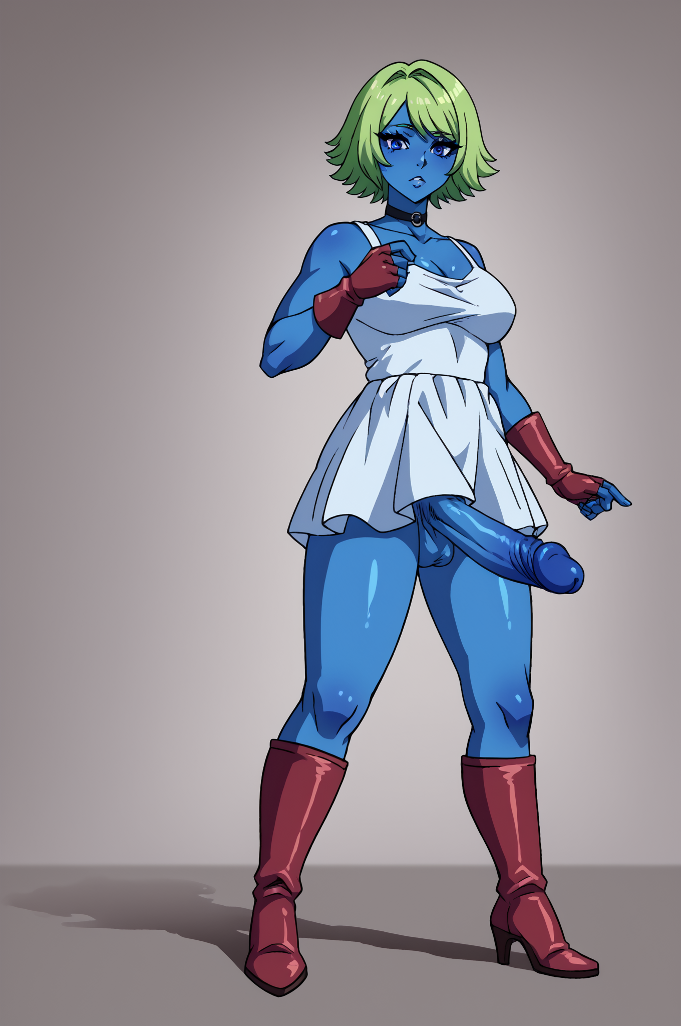 score_9, score_8_up, score_7_up, score_6_up, score_5_up, score_4_up, (high quality, detailed, beautiful) solo, <lora:JodieV2:0.9> jodicapt, blue_skin, fingerless_gloves, colored_skin, green_hair, cowboy_shot,  sundress, high_heel_boots,