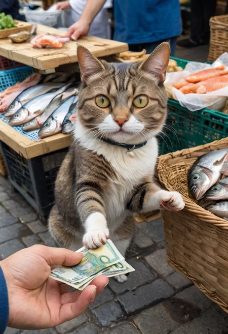 image of a hand offering money to a fishmonger cat, holding fish, 8k, ultra detailed, at the market, <lora:cashbaba:0.6>  <lora:xl_more_art-full_v1:0.5>