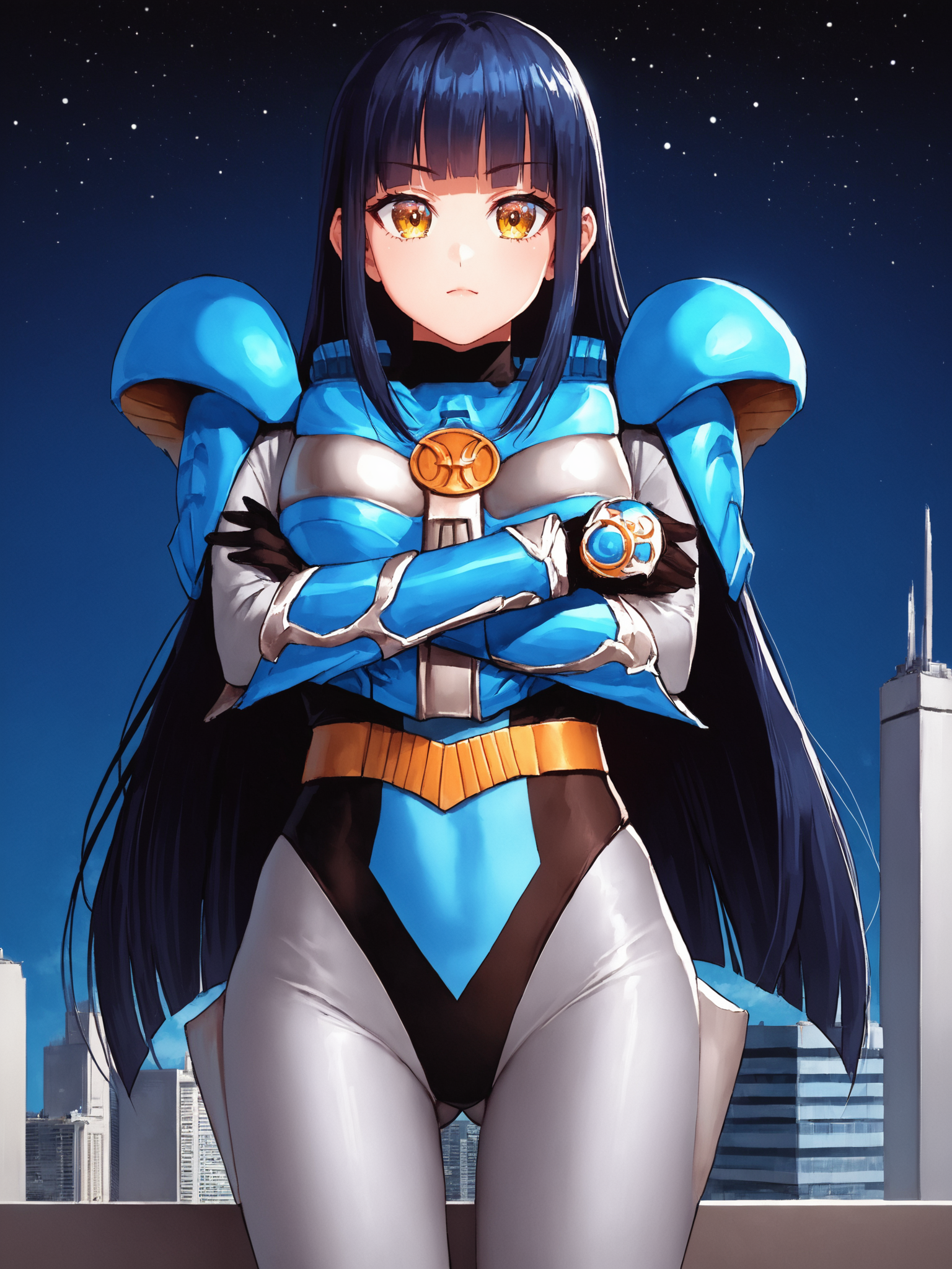 score_9, score_8_up, score_7_up, source_anime, zPDXL, zPDXLpg, <lora:offset_0.2:0.1>, <lora:spo_sdxl_10ep_4k-data_lora_webui:1>,
1girl, solo,
sazerpisces, armor, black leotard, silver bodysuit, belt, gauntlets, black gloves, <lora:Sazer_Pisces_v2:1>,
very long hair, dark blue hair, blunt bangs, sidelocks, yellow eyes,
crossed arms, ass visible through thighs,
skyline, skyscraper, night, starry sky