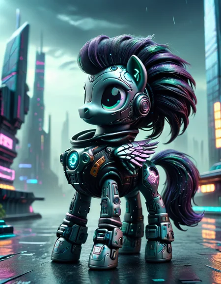 dark photo of single futuristic Metallic texture cyberpunk flying pony with futuristic cyberpunk landscape, cinematic concept art,cyberpunk color, masterpiece, rainy day, ray tracking, RTX, intricate, 3d, highly detailed, trending on artstation, 4k,extremely high details, ultra hd, hdr, 8k, extremely high details made out of ral-bling <lora:ral-ltlpowny:1>