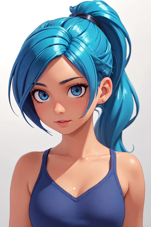 masterpiece, best quality, beautiful girl, 1girl, solo, sexy body, (cute:1.3), (([Electric blue hair], [ponytail])), realistic, (cute), (detailed face), detailed eyes, detailed iris, detailed cameltoe,,