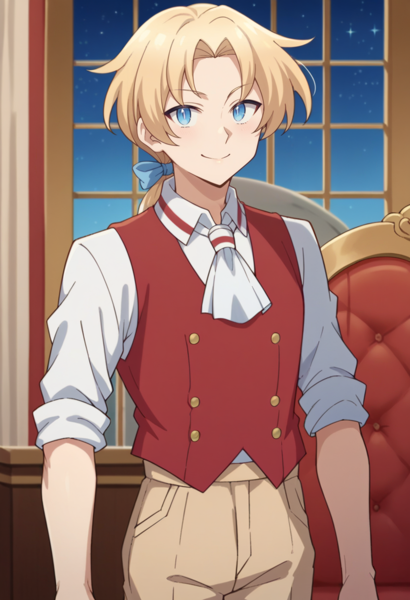 score_9, score_8_up, score_7_up, source_anime BREAK 1boy,  looking at viewer, solo, cowboy shot, 
 <lora:AlbertDwnstyPdxl-000008:1>, albert_def, blue eyes, blonde hair, low ponytail,  hair bow, parted bangs, white shirt, red vest, collared shirt, ascot, sleeves rolled up, beige pants,
smile, 
indoors, throne room, throne, standing, window, starry sky, curtains,