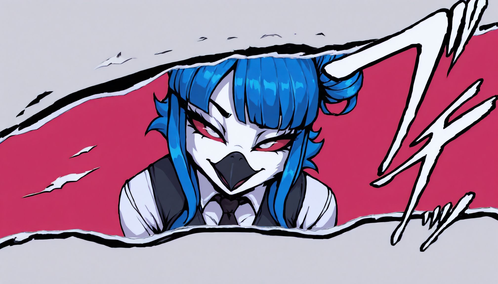 (beautiful, masterpiece, detailed), theine, 1girl, (solo), k1sh1r0, female anthro bird, furry bird, furry owl, avian, medium breasts, blue feathers, fluffy, body fur, blue hair, hair buns, double buns, bangs, black beak, white face, red sclera, white eyes, white shirt, black vest, necktie, letterboxed, sound effects, style parody, cut-in, simple background, border, close up, (confident female)
