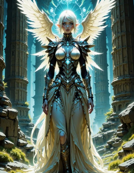 This is a highly detailed photograph, featuring a regal, ethereal woman with a striking, otherworldly appearance. She stands at the center of the image, captured from a slightly low angle that emphasizes her powerful presence. The woman has a pale, almost luminescent skin tone and short, platinum blonde hair, adorned with large, white, feather-like wings that extend dramatically from her head. Her eyes are a piercing blue, adding to her enigmatic aura.
She is dressed in elaborate, ornate armor that blends seamlessly with her skin, showcasing intricate, tribal-like patterns and designs. The armor includes a form-fitting, high-necked top with a deep neckline, and a flowing skirt that is both majestic and functional. The armor's metallic sheen contrasts beautifully with the soft, golden glow of the ambient light, which bathes her figure in a divine radiance.
The background is a dilapidated, ancient ruin, with tall, weathered stone pillars and walls covered in moss and vines. The ruins are bathed in a soft, bluish light that filters through the cracks, creating an eerie, mystical atmosphere. The lighting is expertly used to highlight the woman's figure, casting dramatic shadows and emphasizing her curves and the texture of her armor.
The composition follows the rule of thirds, with the woman placed centrally, drawing the viewer's eye directly to her.
<lora:VividlyReal:1>