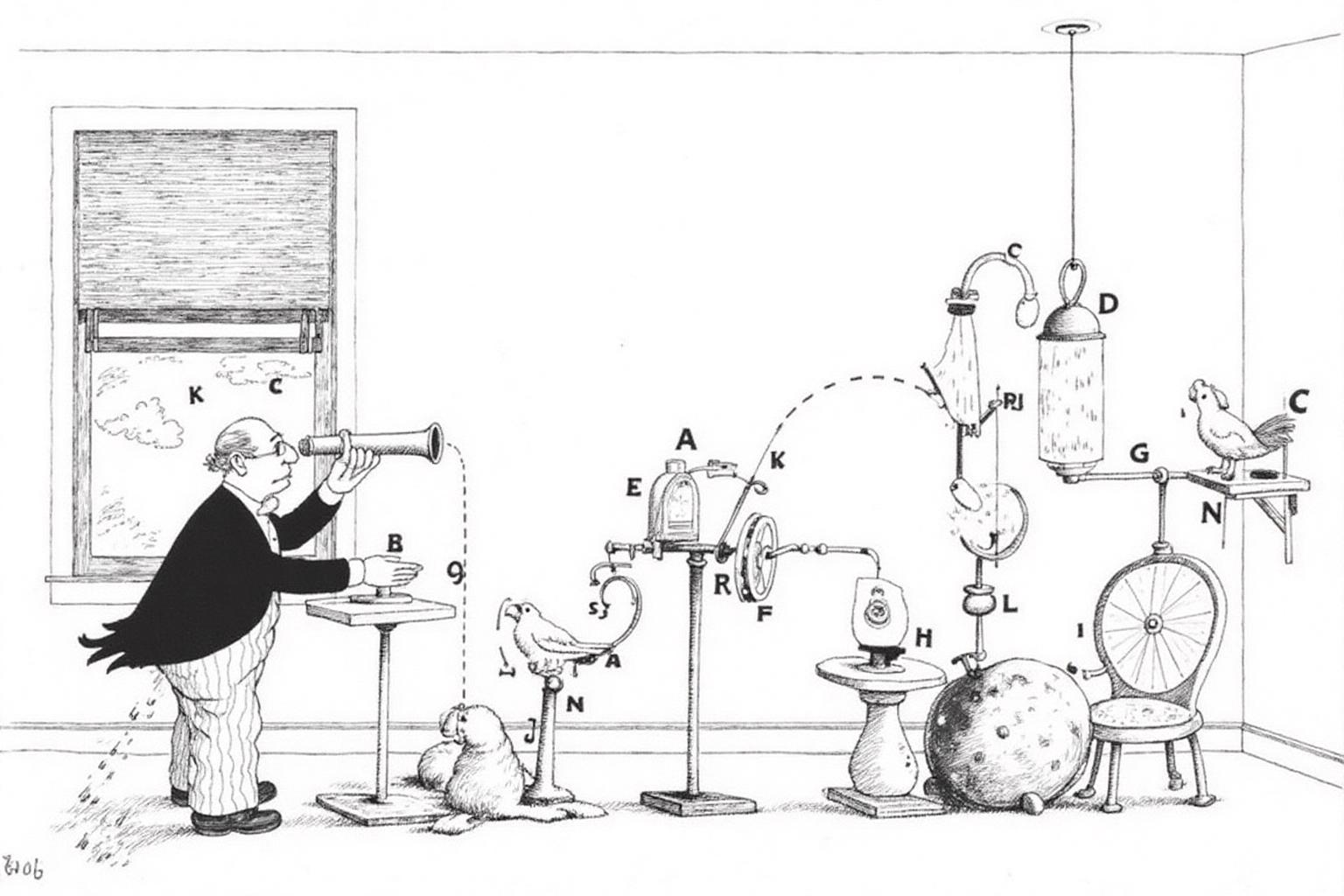 rugo1 illustration. 
The drawing features a man, dressed in a dark suit and white shirt, standing on the left side of the image. He is holding a telescope and looking through it at a window on the left side of the room. The window has a partially open blind, showing a cloudy sky outside. Beside him a a machine with a seal, a flywheel and a parrot.
 <lora:rugo1_cap_d6a3e11:1.0><lora:828770702334158830:0>