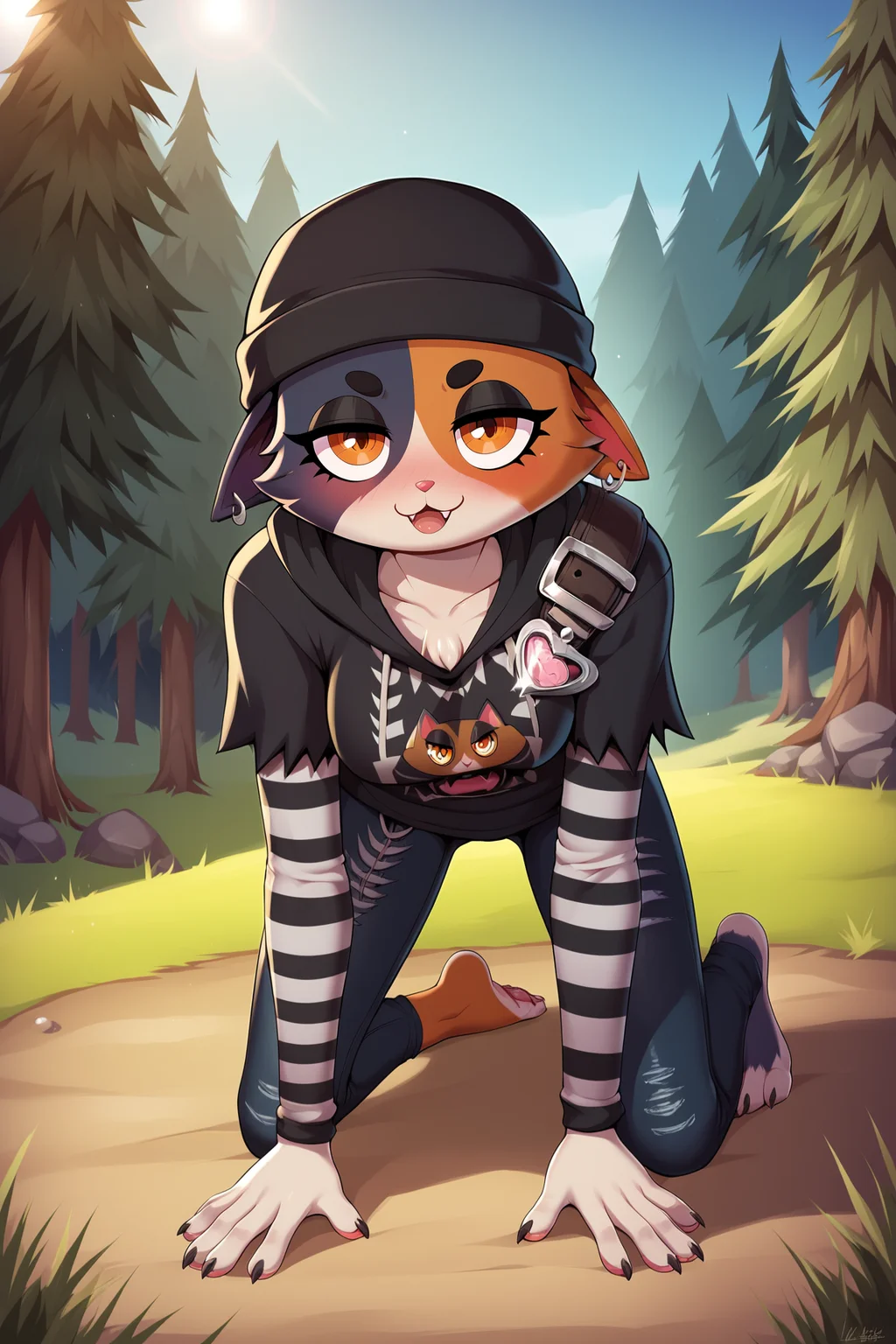 score_9, score_8_up, score_7_up, score_6_up, BREAK, MeowSkullsFPXL, nthro furry, furry female, body fur, blue-orange-white fur, multicolored fur, orange eyes, animal ears, cat ears, fish hook piercing, black beanie, medium breasts, cat tail, black hoodie, printed hoodie, striped sleeves, jeans, torn jeans, barefoot, solo, full body, all fours, seductive smile, looking at viewer, naughty face, nose blush, forest, tree <lora:MeowSkullsFPXL:1>