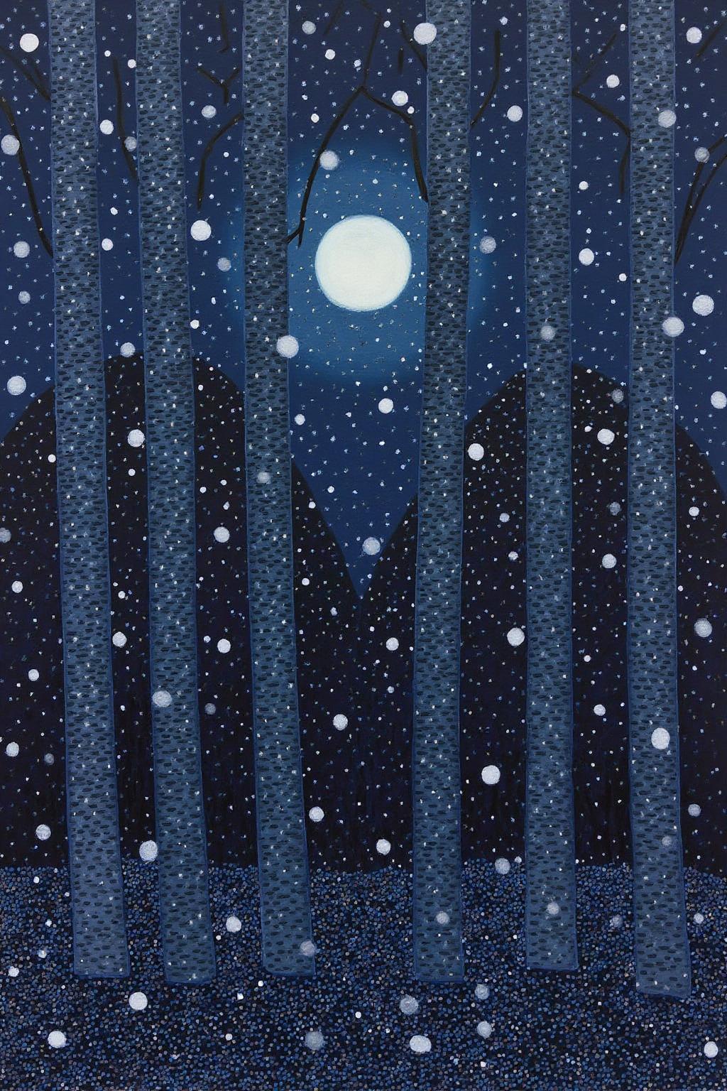mawo1 painting.
A painting of a winter night scene in a forest. The artwork features a stylized, minimalist representation of tall, slender tree trunks with textured bark, predominantly in shades of dark blue and navy. The trees are arranged vertically, creating a sense of depth and density. Their bark is depicted with small, evenly spaced, dark spots, giving them a unique, almost quilted appearance. There is a full moon behind the trees. Large snow flakes are falling.
 <lora:mawo1_cap_d6a3e12:1.0><lora:821399627921284100:0>