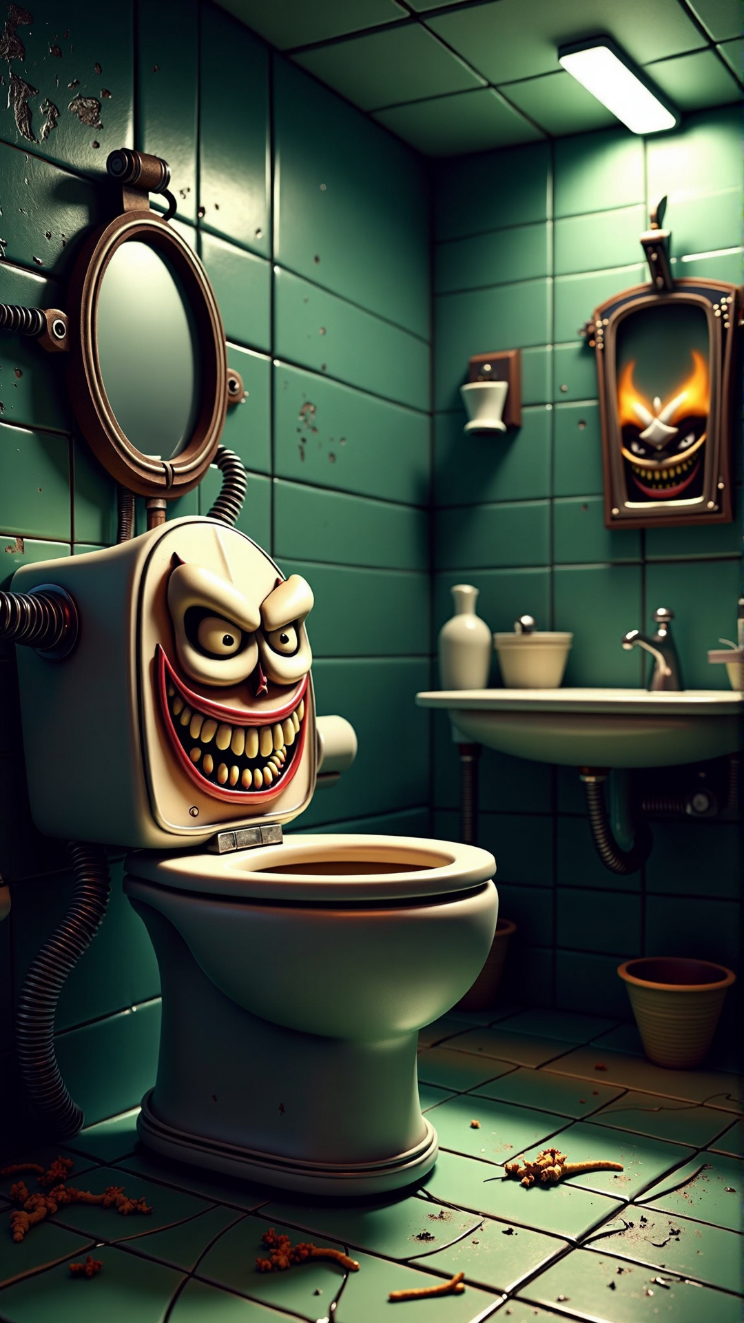 An image of a villainous item: A malevolent porcelain throne, the toilet sits atop a twisted, nightmarish throne, its lid curled up into a wicked, sadistic grin. The once-innocent ceramic bowl now sports a menacing, villainous smirk, as if it takes pleasure in the misfortunes of those who dare to approach. The seat, now a twisted, macabre smile, appears to be laughing maniacally, its metal hinges resembling the grotesque, gnarled fingers of a wicked sorcerer.
Its villainous presence commands the dark, damp, and foreboding bathroom it inhabits. The walls around it seem to be closing in, covered in mold and grime, as if the very air itself is thick with malevolence. A single, flickering fluorescent light above casts an eerie, otherworldly glow on the twisted, evil toilet, casting long, ominous shadows across the floor. In the background, a twisted, nightmarish mirror hangs askew, reflecting the diabolical porcelain throne, making it seem as if its evil presence is doubling, spreading its nefarious influence throughout the forsaken bathroom.<lora:VillainousStyleFlux:1>