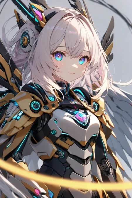 Jed-rbt, seraph, 1girl, cinematic angle, :3, looking at viewer, scifi hair ornaments, energy hair, brooch, sleeve, cape, mechanical wings, screws, cables, led lights, glowing, Futuristic, chromatic aberration, Kawaii, [(blue-white background:1.2)::0.2], (neon luminescence background:1.2), illustration, incredibly absurdres, ultra detailed, masterpiece, best quality,[<lora:detailed_notrigger:0.95>::0.5], [:<lora:detailed_hands:1.05>:0.5],<lora:RoboStyle:1>
