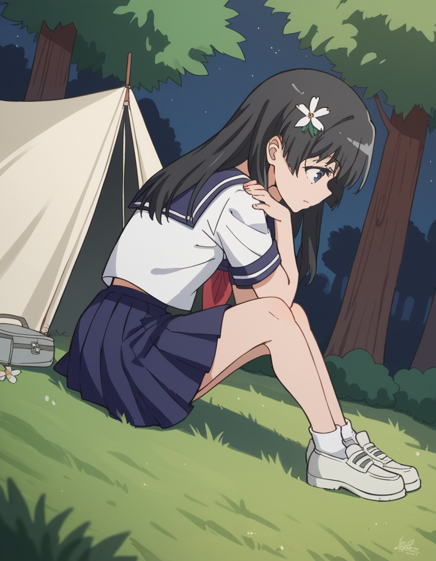 score_9, score_8_up, score_7_up, source_anime, <lora:saten-ruiko-s3-ponyxl-lora-nochekaiser:1>, saten ruiko, black hair, blue eyes, long hair, hair ornament, flower ornament,, blue skirt, pleated skirt, sakugawa school uniform, school uniform, serafuku, skirt, summer uniform,, camping, bonfire, tent, stargazing, marshmallows, forest clearing, night, , , foot forward, hand on shoulder, elbow out, solo,, cowboy shot, dutch angle