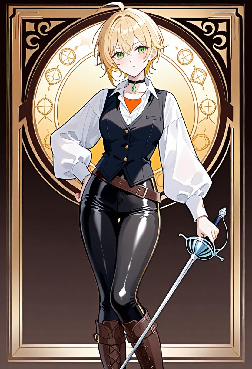 score_9, score_8_up, score_7_up, BREAK, XioDerecha, blonde hair, short hair, ahoge, green eyes, black choker, pendant choker, white shirt, collared shirt, puffy long sleeves, orange undershirt, black vest, black pants, leather pants, tight pants, brown boots, knee boots, leather boots, belt, rapier, 1girl, solo,