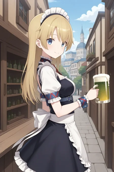 masterpiece, best quality, alicegear_genie_ilxl <lora:alicegear_genie_ilxl:0.9>1girl, solo, maid, apron, from side, cowboy shot , blonde hair, smile, blue eyes, holding, green beer mug, looking at viewer, outdoor, city