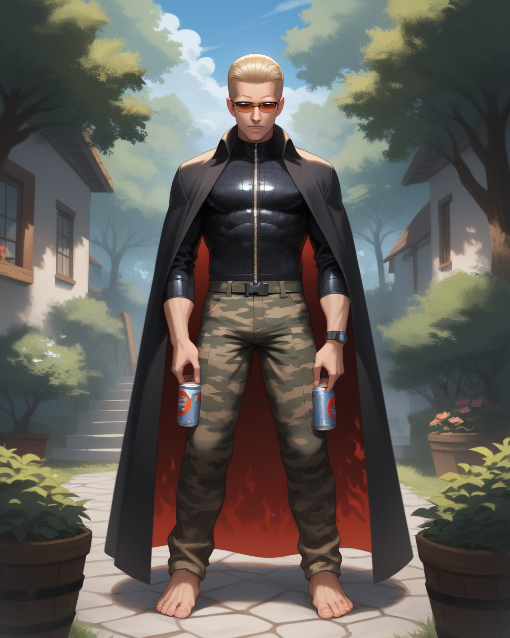PonyScores7, source_anime, ah1, best quality, (masterpiece:1.4), (high quality:1.4), sharp focus, 4k, absurd resolution, <lora:albertwesker-guy-PONYv1:0.8> albertwesker, albert wesker, 1boy,  blonde, (sunglasses:1.3), looking at viewer, toned, athletic, fit, slicked back hair, mature male, short hair, (soul protector, with a staff of spirits and a cloak of shadows guiding lost souls to peace), (a secluded bonfire pit, hidden in a corner of the park surrounded by overgrown bushes and discarded beer cans, Punks gather around the flickering flames, sharing stories and strumming guitars, their anarchic spirit reflected in the crackling fire), bad-hands-5, ((Contempt expression)), <lora:xl_more_art-full_v1:0.2>, <lora:shinyskin2:0.2> glistening skin, <lora:aesthetic_anime_v1s:0.2>, <lora:Expressive_H:0.2> Expressiveh, <lora:hairdetailpxl:0.2> hairdetailpxl, <lora:detailxl:0.2> detailxl, (Ground level (from behind) view medium Close shot (focus on feet)), (camo cargo pants), (focused, intense glare), short hair, (reddish orange eyes, slit pupils), best quality, amazing quality, best aesthetic, absurdres, <lora:expressive eyes:0.2> expressive eyes, <lora:eyedetailpxl:0.2> eyedetailpxl, illustration, Volumetric_Lighting, ultra-detailed, very aesthetic, intricate details, 8k, masterpiece, best_quality, (angular face, sharp_featured face), <lora:Eyes_High_Definition:0.2> EyesHD, handsome, charming, alluring, AS-MidAged,