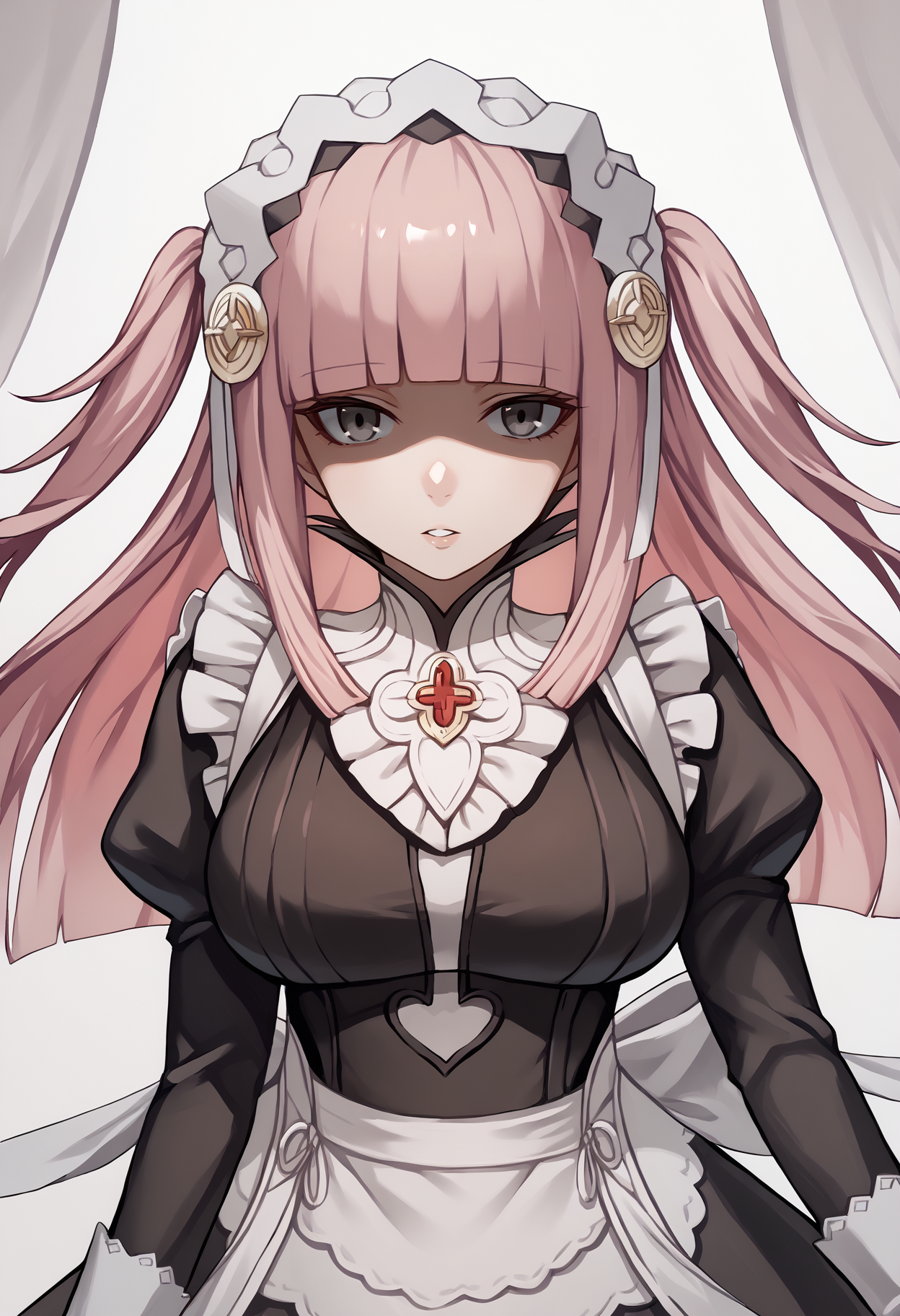 score_9, score_8_up, score_7_up, source_anime BREAK 1girl, solo,  <lora:rhajat-fe-richy-v1_pdxl:1> rhjt, grey eyes, long hair, two side up, shaded face, parted lips, looking at viewer, blunt bangs, hair ornament, hairband, large breasts, <lora:fatesmaid-fe-richy-v1_pdxl:1> pink hair, fates maid, maid headdress