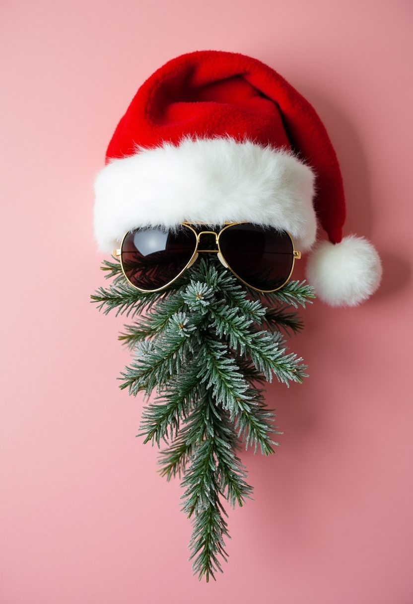 Main Subject:

The main subject of the image is a playful representation of Santa Claus using a Christmas tree, aviator sunglasses and a Santa hat. The tree, positioned upside down, forms a "beard" for the hat, creating a whimsical and festive image.

Composition:

The composition is simple, direct, and highly effective. The Santa hat is positioned above the upside-down tree, creating a clear visual connection between the two elements. The vertical arrangement suggests a sense of height and evokes the image of a standing figure. The use of negative space around the objects emphasizes their forms and creates a sense of openness.

Colors and Tones:

The color palette is cheerful and festive. The bright red of the Santa hat provides a vibrant contrast against the soft pink background. The green of the Christmas tree adds a touch of nature and freshness. The white trim on the hat and the subtle hints of "snow" on the tree create a sense of lightness and winter.

Technique:

The image appears to be a photograph or a digital illustration. The photographer/artist has used careful lighting to create a soft and even illumination on the subjects. The shallow depth of field blurs the background, isolating the hat and the tree and drawing the viewer's attention to them.

Palette:

The color palette is limited but effective. The use of vibrant red, soft pink, and cool green creates a sense of cheerfulness and festivity. The white accents add a touch of brightness and purity.

Small Details:

The texture of the fur on the Santa hat and the "snow" on the tree add visual interest and create a sense of realism.
The slight tilt of the hat adds a touch of playfulness and dynamism to the composition.
The overall simplicity of the image allows the viewer to focus on the festive elements and their playful arrangement.
Overall, this image is a captivating and playful piece. The clever juxtaposition of the Santa hat and the upside-down Christmas tree creates a humorous and whimsical representation of Santa Claus. The simple composition and the cheerful color palette make this image a memorable and engaging work.