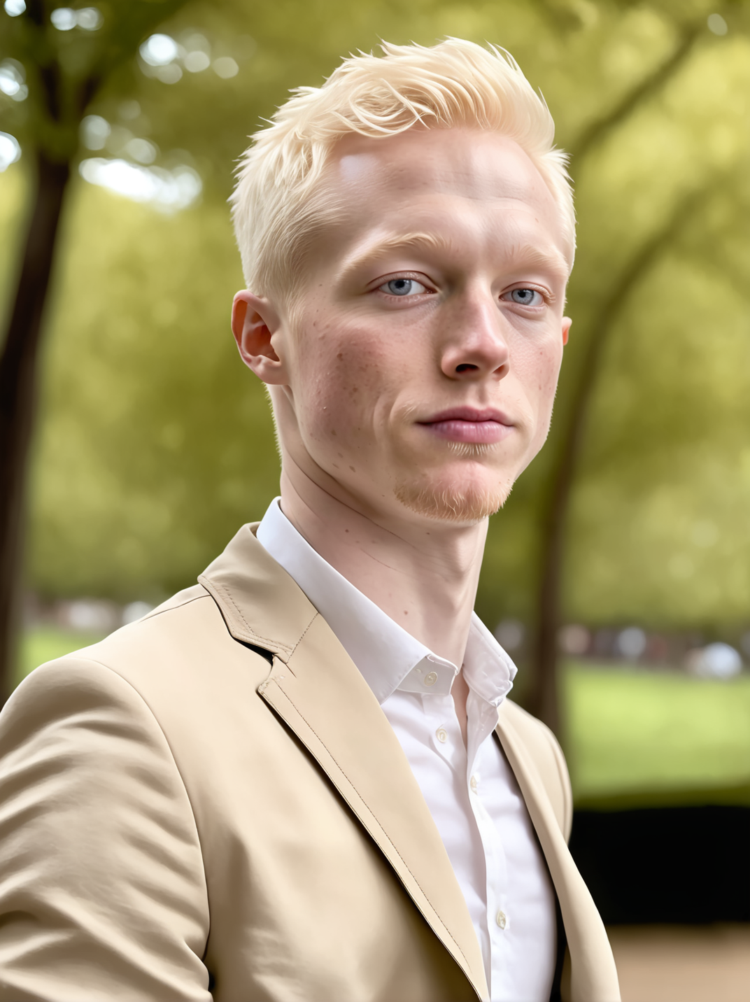professional photograph, high resolution, 30yo drewsynthxl, portrait, solo, realistic, expressionless, albino,
face focus, ,
in the park, overcast