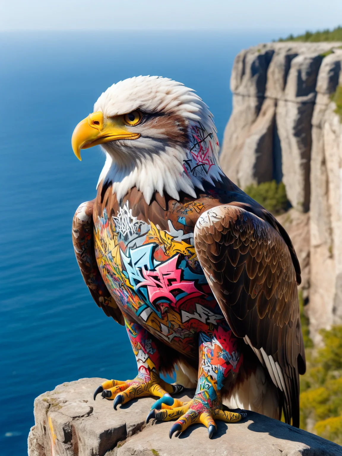a ais-graffiti eagle sat on the edge of a cliff <lora:Graffiti_SDXL:1>